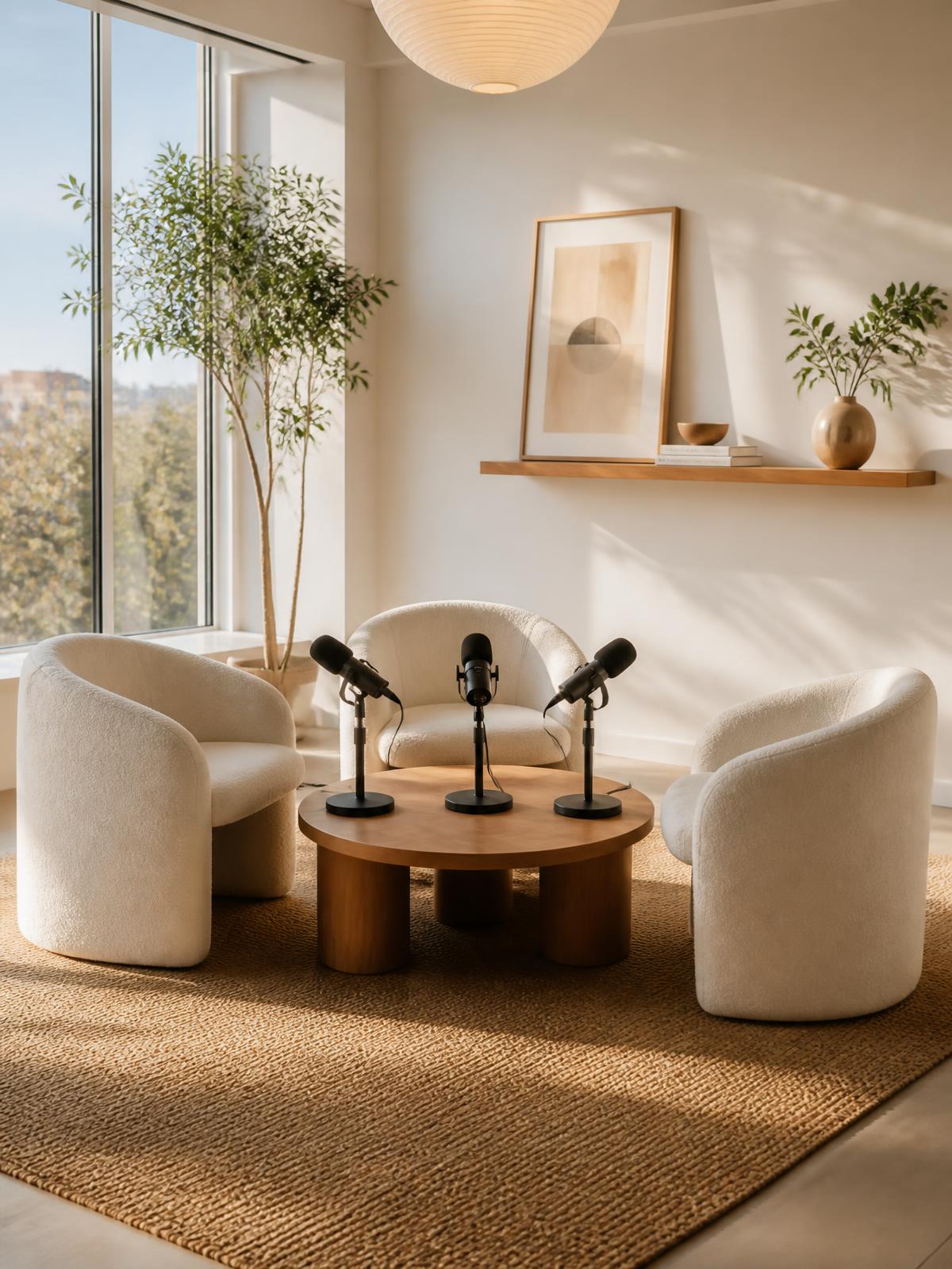 Bright modern podcast studio with three designer chairs and microphones